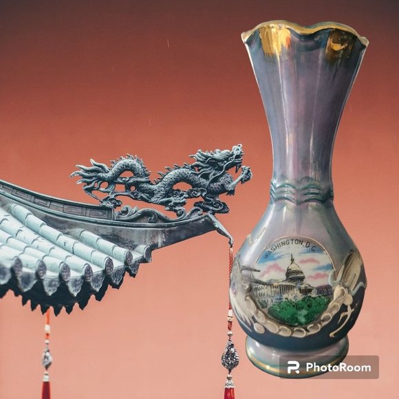 Vintage Japanese Moriage Dragonware Vase Souvenir Washington DC Original Sticker - Picture 1 of 7